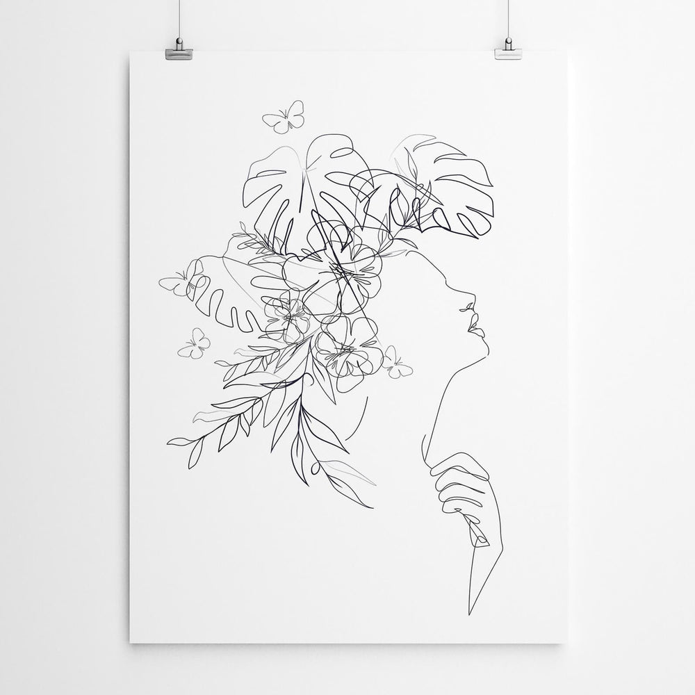 Lady Flowers Line Drawing Art Print