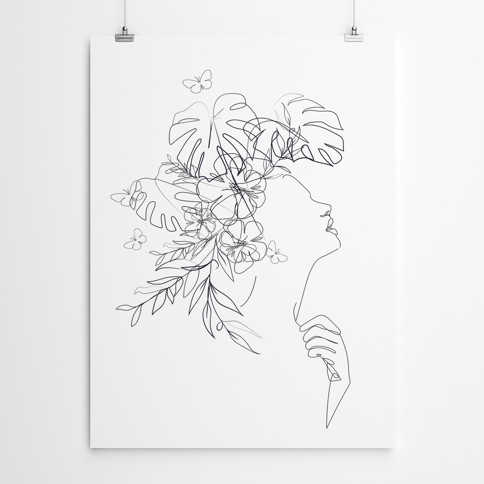 Lady Flowers Line Drawing Art Print