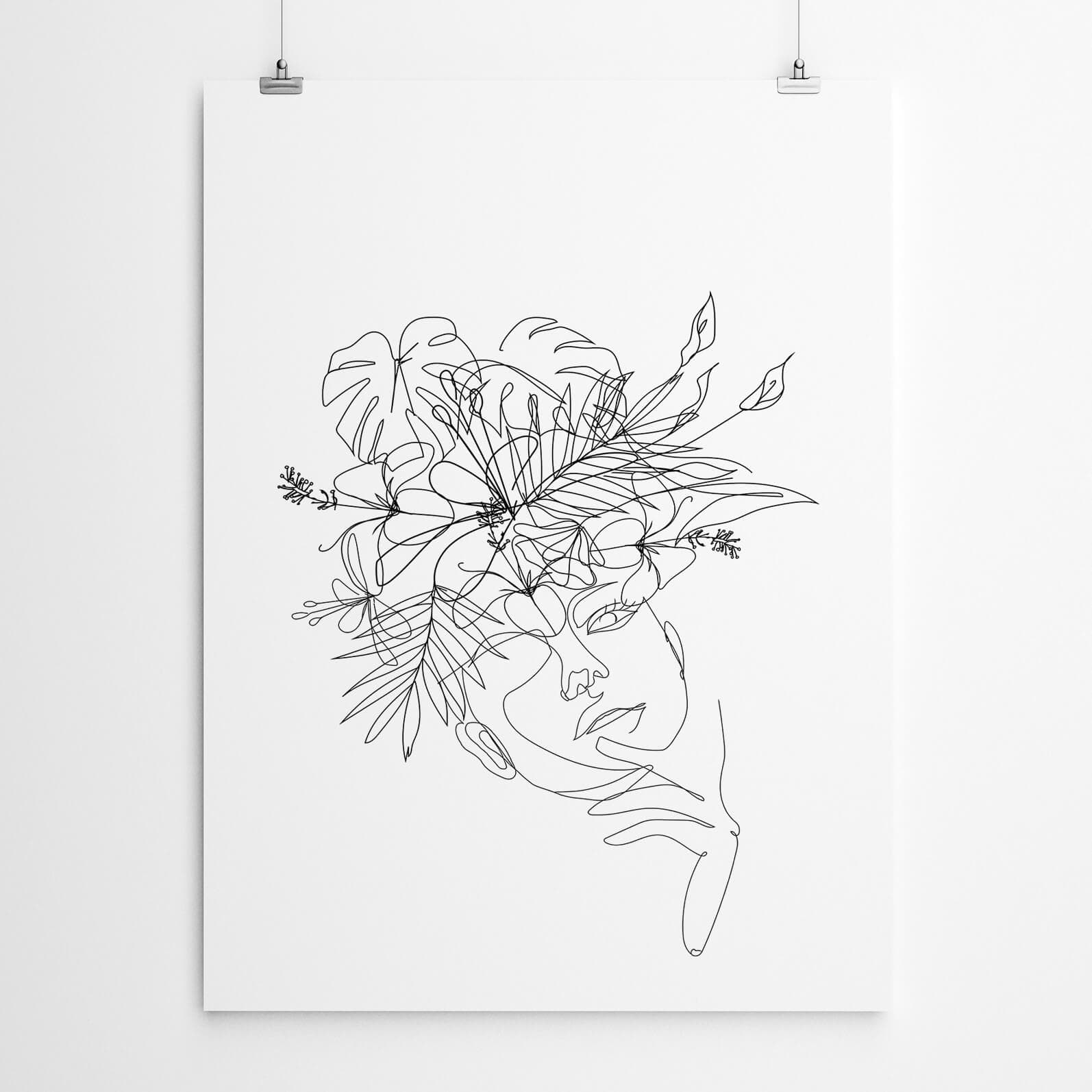 Woman Floral Line Drawing Art Print